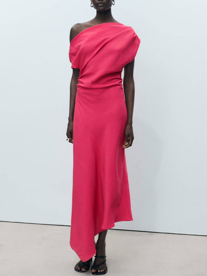 Oblique Shoulder Pleated Irregular Hem Dress