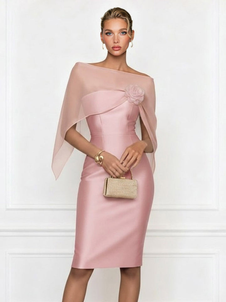 Asymmetrical One-Shoulder Sheer Shawl Satin Midi Dress