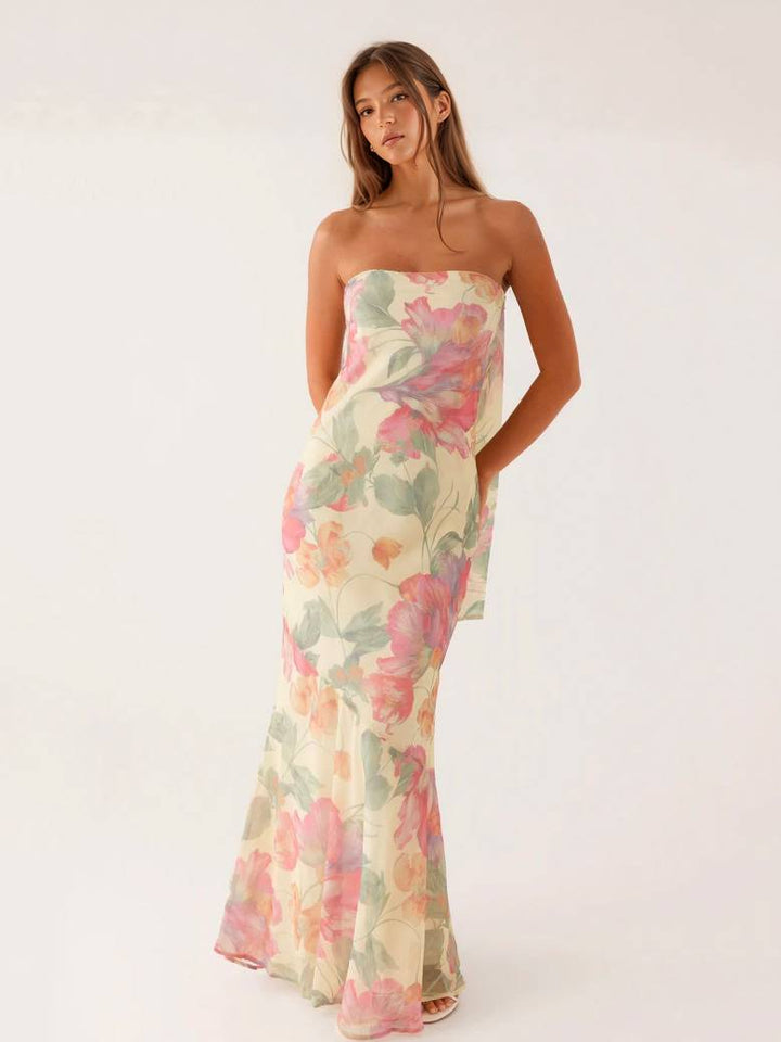 Tube Top Printed Ribbon Dress