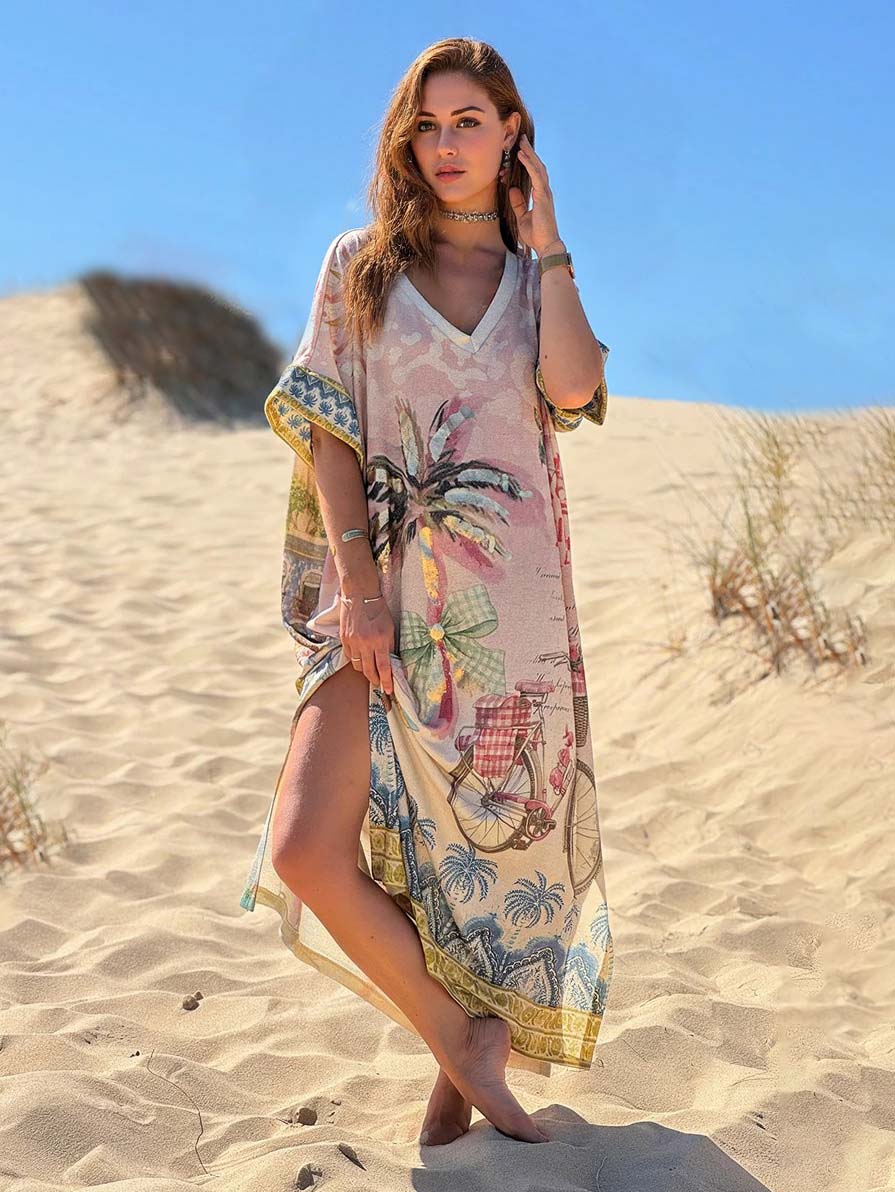 Unique V-Neck Tung Palm Print Slit Maxi Dress