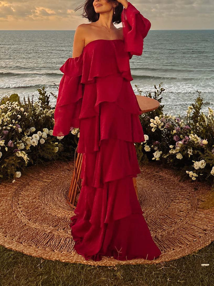 Elegant Off-Shoulder Layered Ruffle Maxi Dress