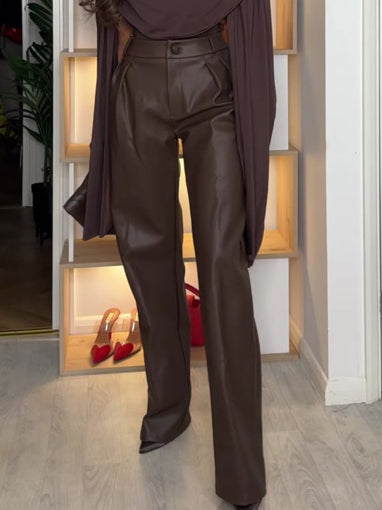 Elegant Draped Top And Wide-leg Faux Leather Pants Two-piece Set