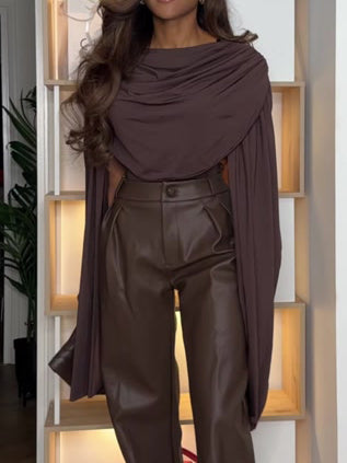 Elegant Draped Top And Wide-leg Faux Leather Pants Two-piece Set