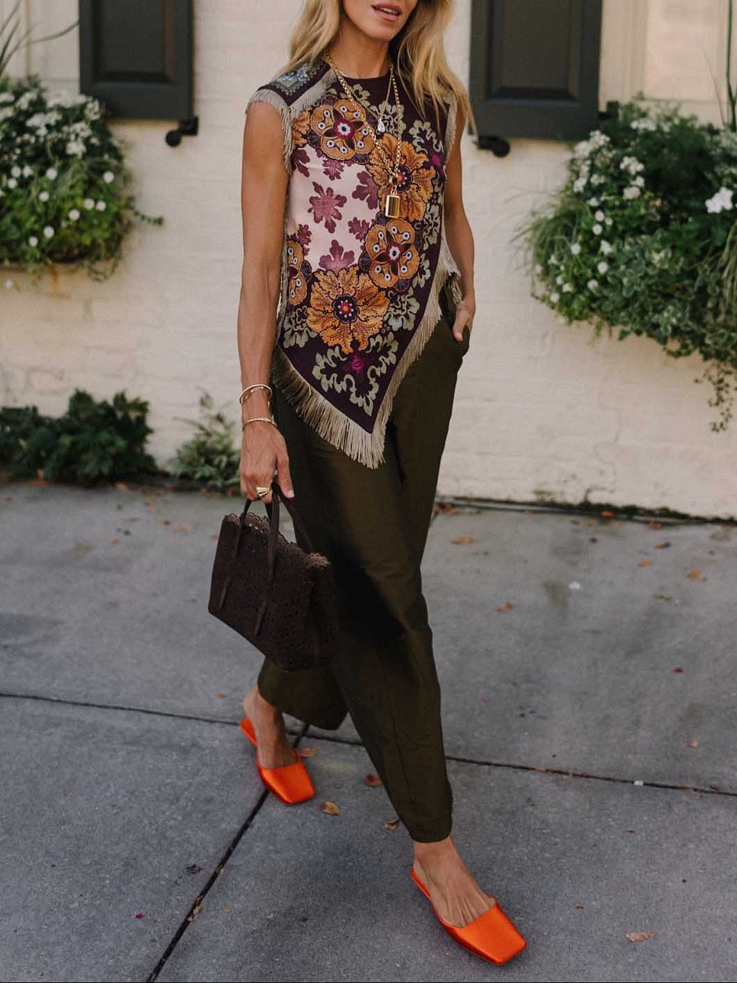 Unique Retro Floral Print Tassel Vest Two-Piece Set