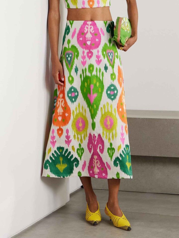 Vibrant Ikat Print High-Waist Midi Skirt