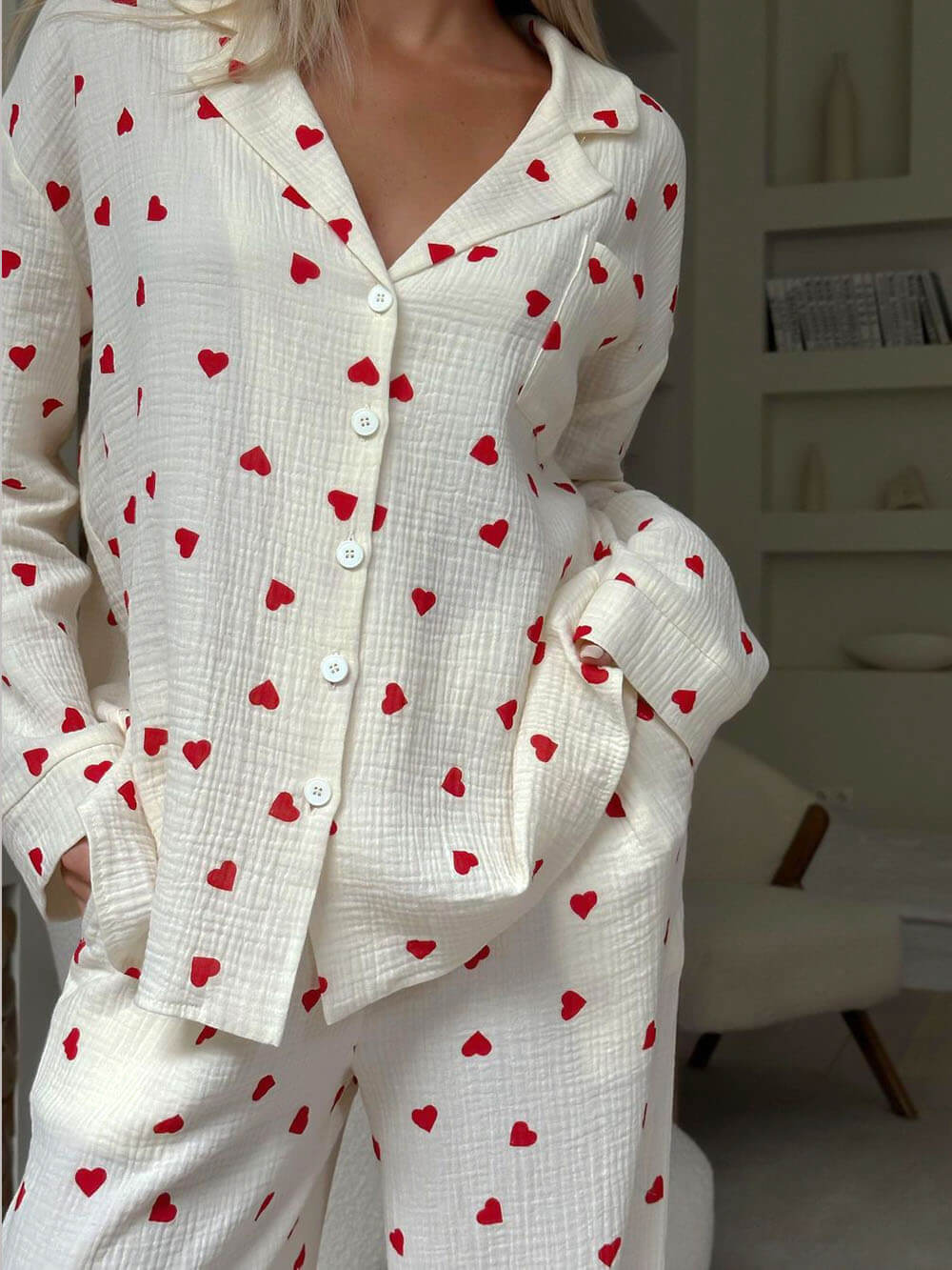 Söt hjärta Print Button Down Skjorta Pyjamas Set