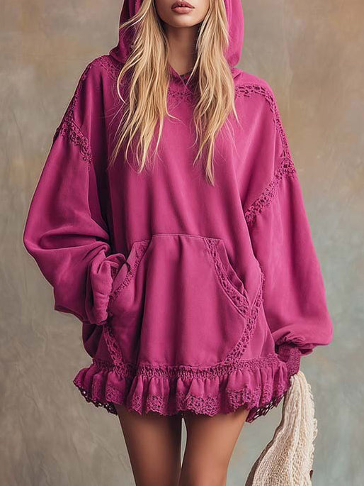 Elegant Lace-trimmed Ruffled Hem Hooded Mini Dress