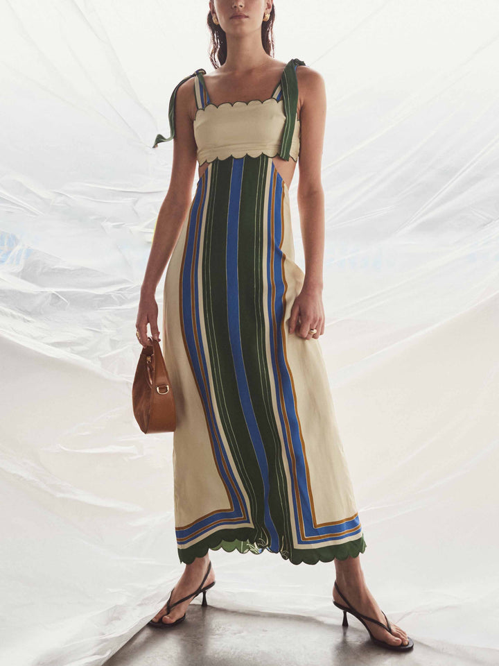 Exquisite Colorful Stripe Print Hollow Maxi Dress