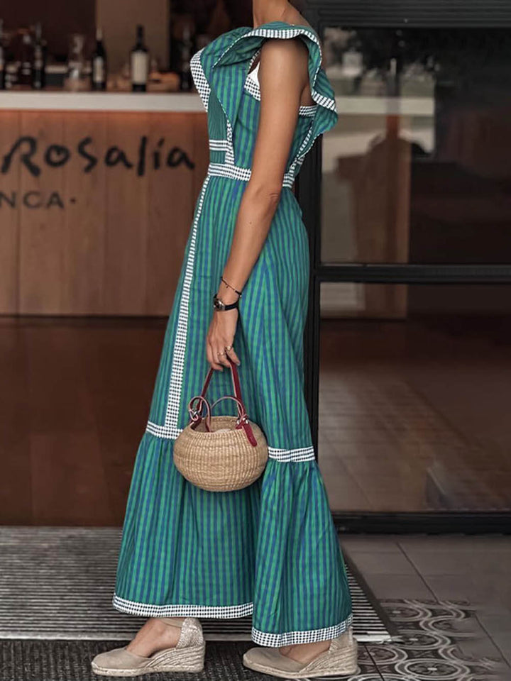 Vestido maxi com painéis contrastantes sem mangas e decote quadrado