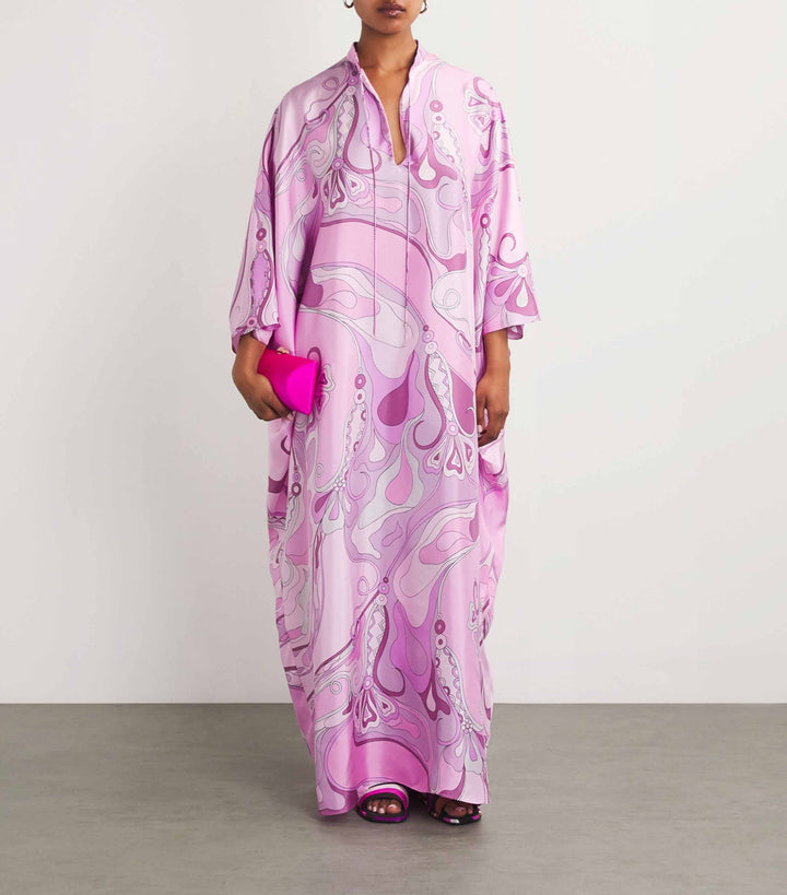 Retro Glam Pink Swirl Print Kaftan Maxi Dress