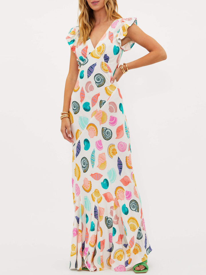 Exquisites Maxikleid mit Ozeanmuschel-Print und V-Ausschnitt