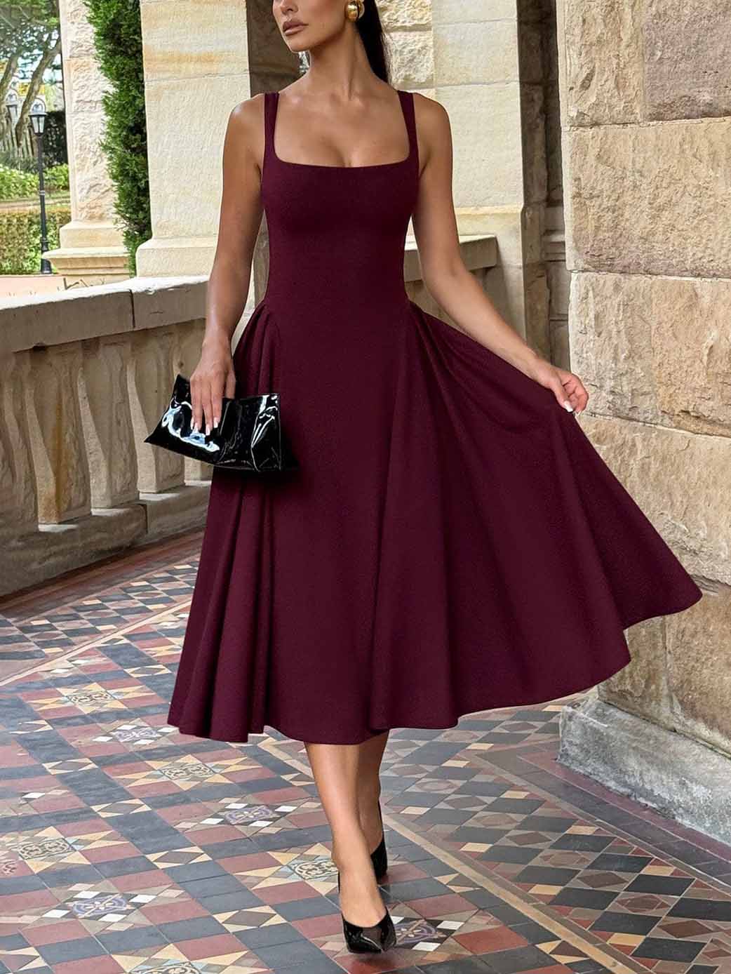 Elegant Retro Square Neck Slim Midi Dress