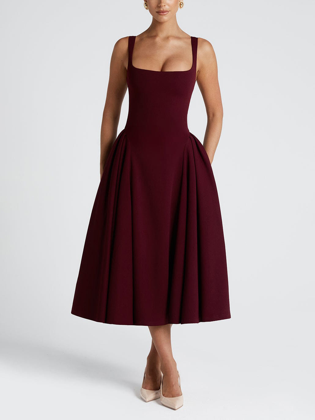 Elegant Retro Square Neck Slim Midi Dress