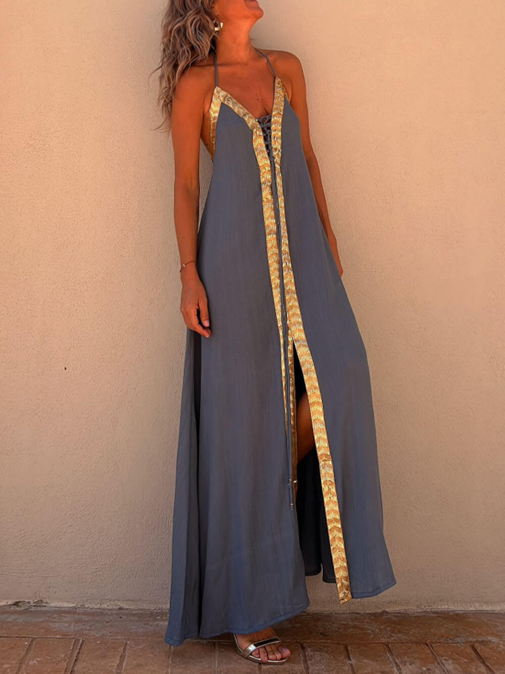 Abito maxi resort casual con scollo all'americana