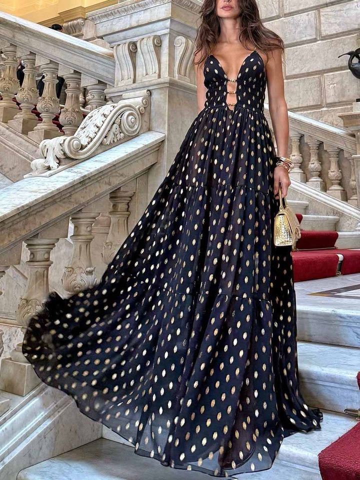 Elegant Polka Dot Print V-Neck Flowy Maxi Dress