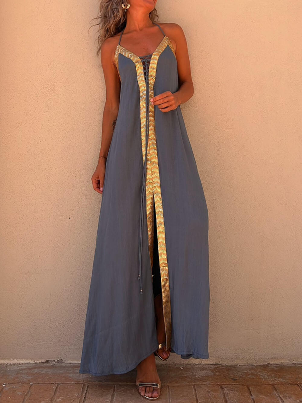 Abito maxi resort casual con scollo all'americana