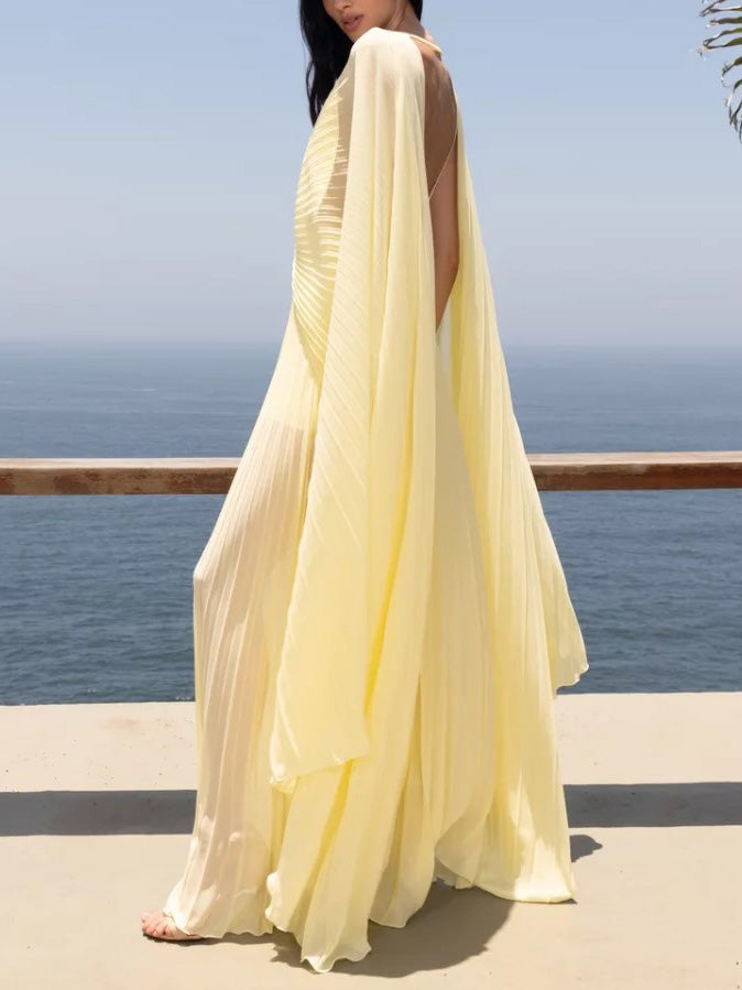 Elegant V-neck Pleated Flowy Maxi Dress