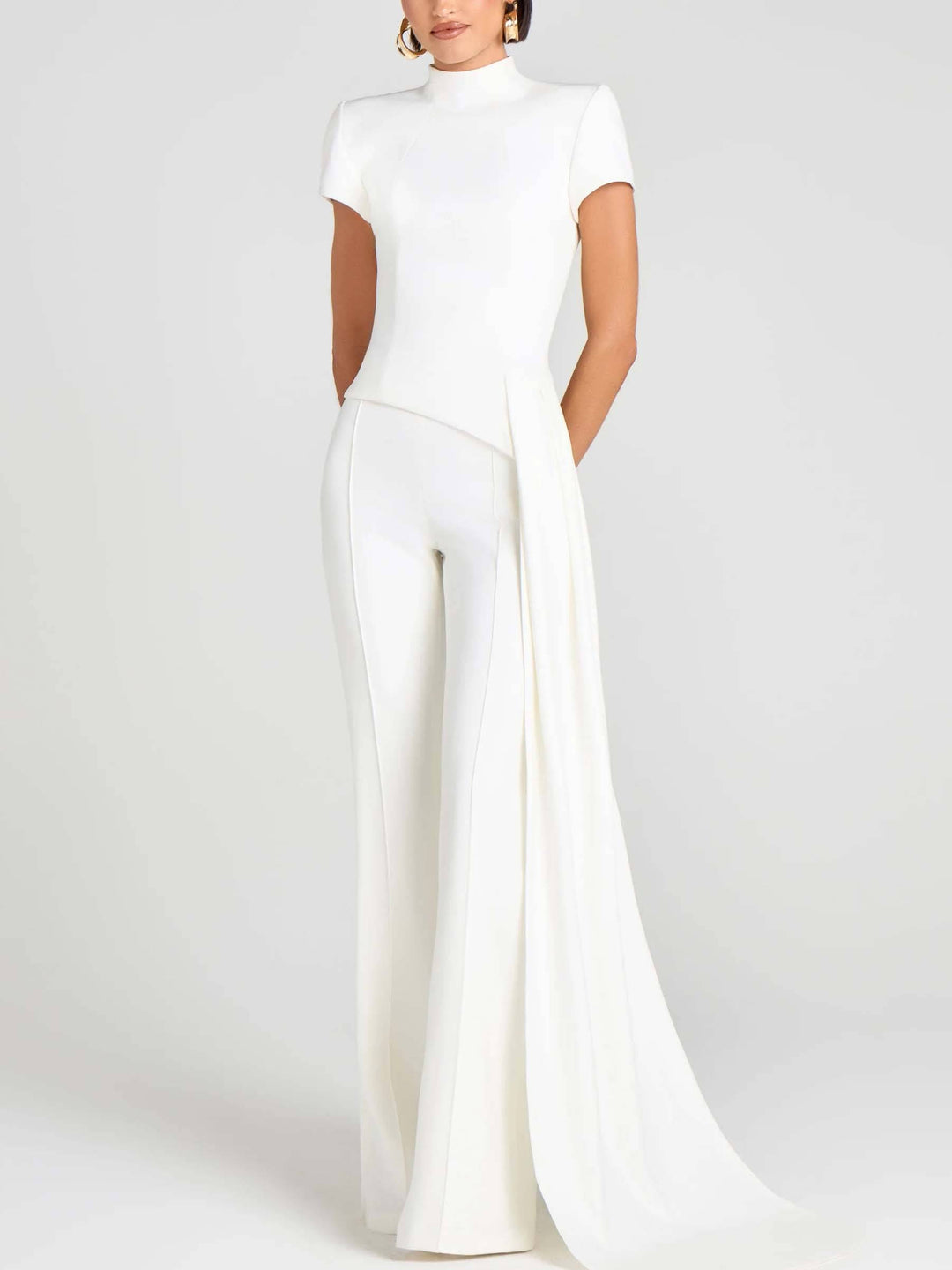 Half-high Collar Short Sleeve Ribbon Shirt And Pants Suit-Top