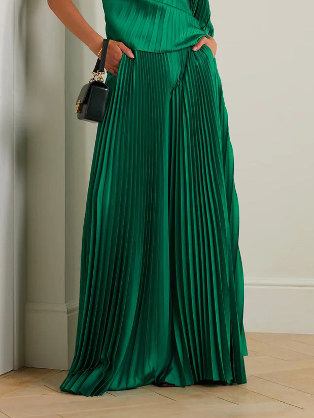 Elegant Pleated Satin Wide-leg Pants