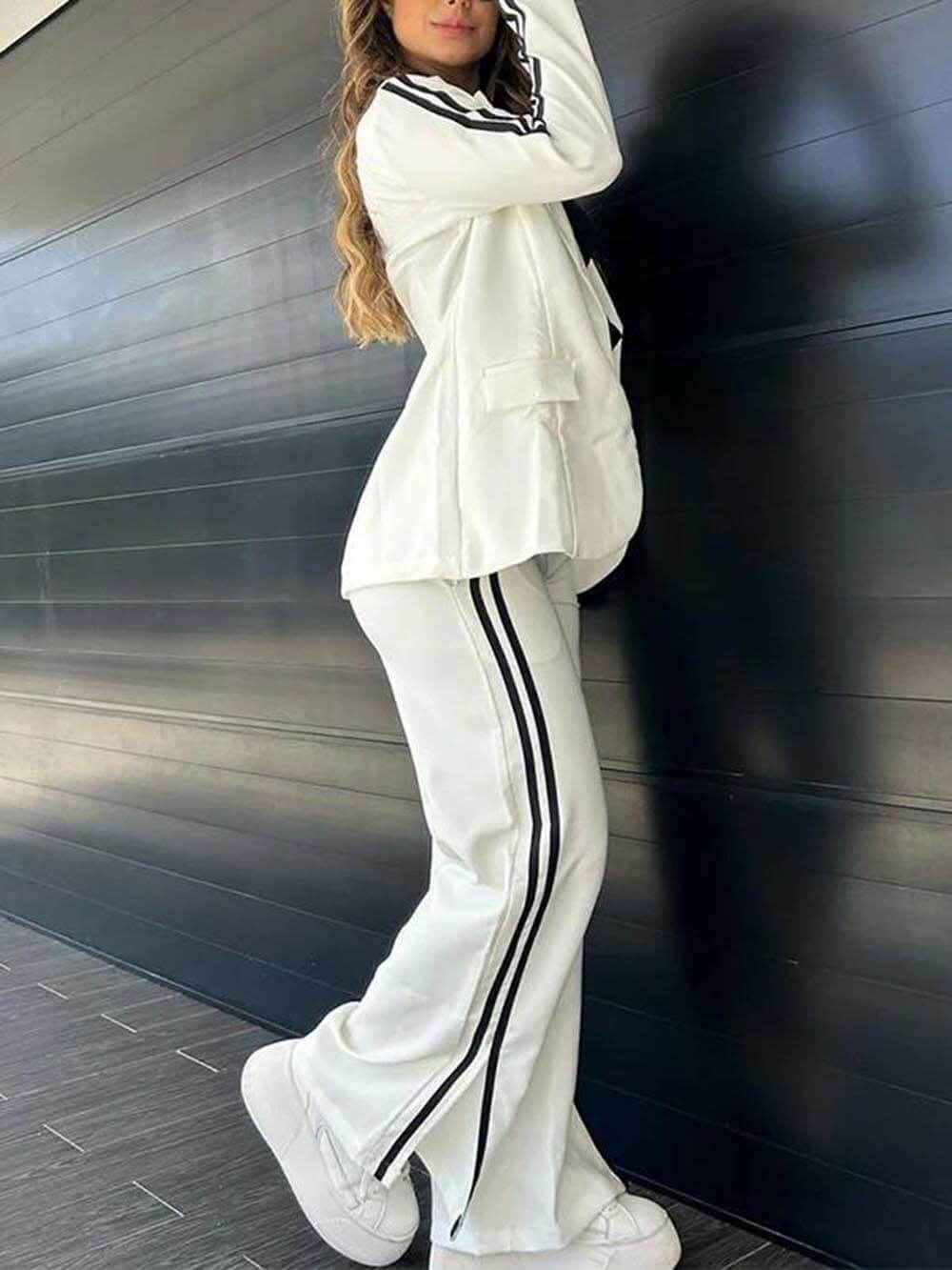 Sporty Striped Trim Lapel Blazer and Elastic Waist Pocket Loose Pants Set