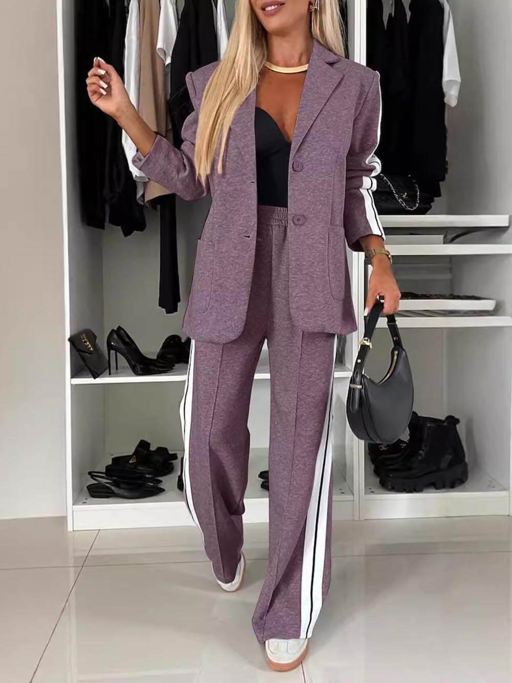 Set blazer sportivo con risvolto patchwork e pantaloni larghi con tasca elastica in vita