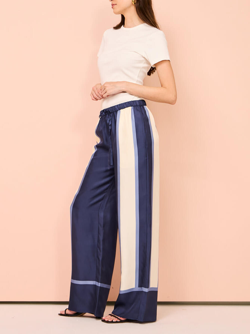 Striped Patchwork Unique Printed Elastic Waist Pocket Wide Leg Pants