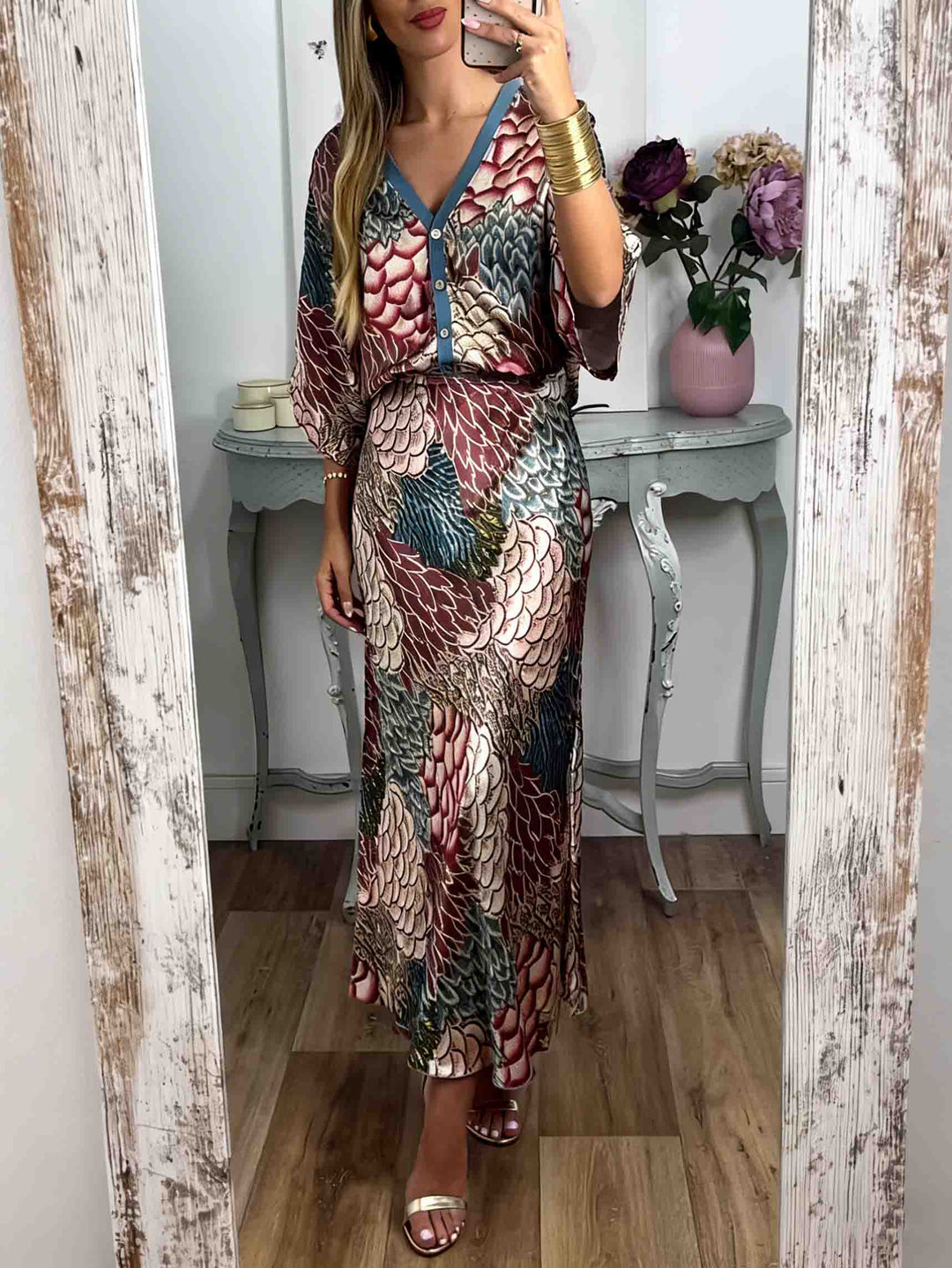 Elegant Vintage Satin Floral Print Loose Shirt