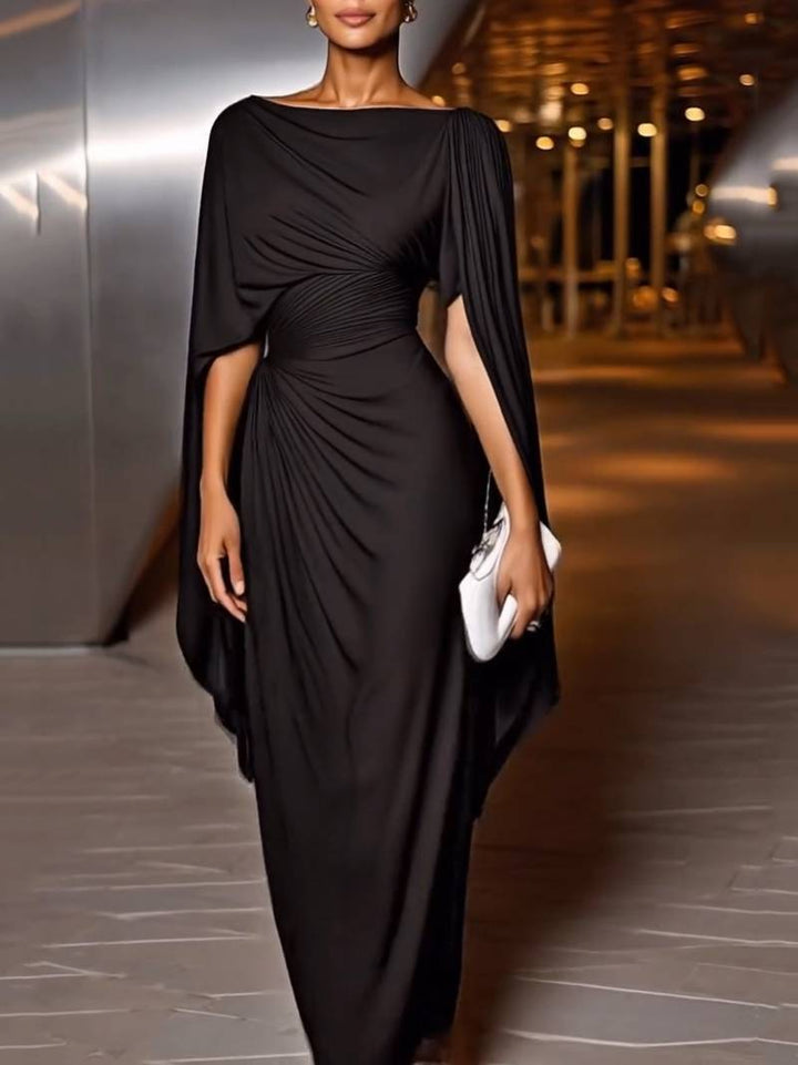 Boat Neck Pleated Slim Fit Maxi Dress