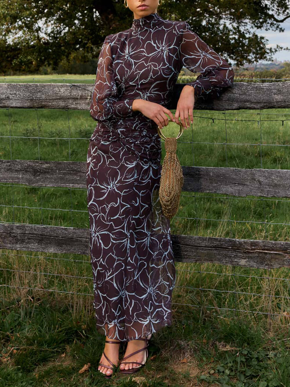 Exquisite Backless Printed Ruched Chiffon Long-Sleeve Maxi Dress
