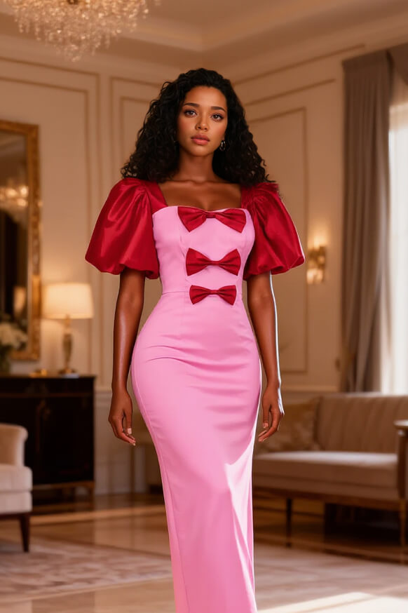 Fashion Contrasting-Color Bow-Detailed Satin Puff-Sleeve Maxi Dress