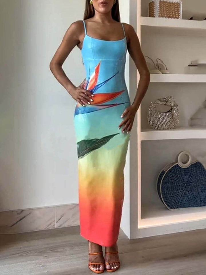 Sequin Unique Floral Gradient Print Slit Stretch Maxi Dress