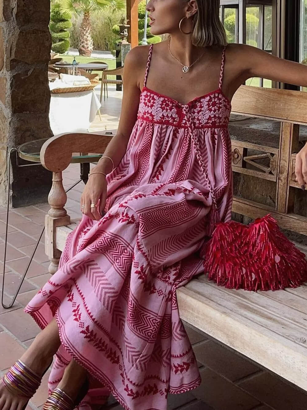 Vestido Maxi Deslizamento em Malha de Patchwork de Crochê Estilo Étnico