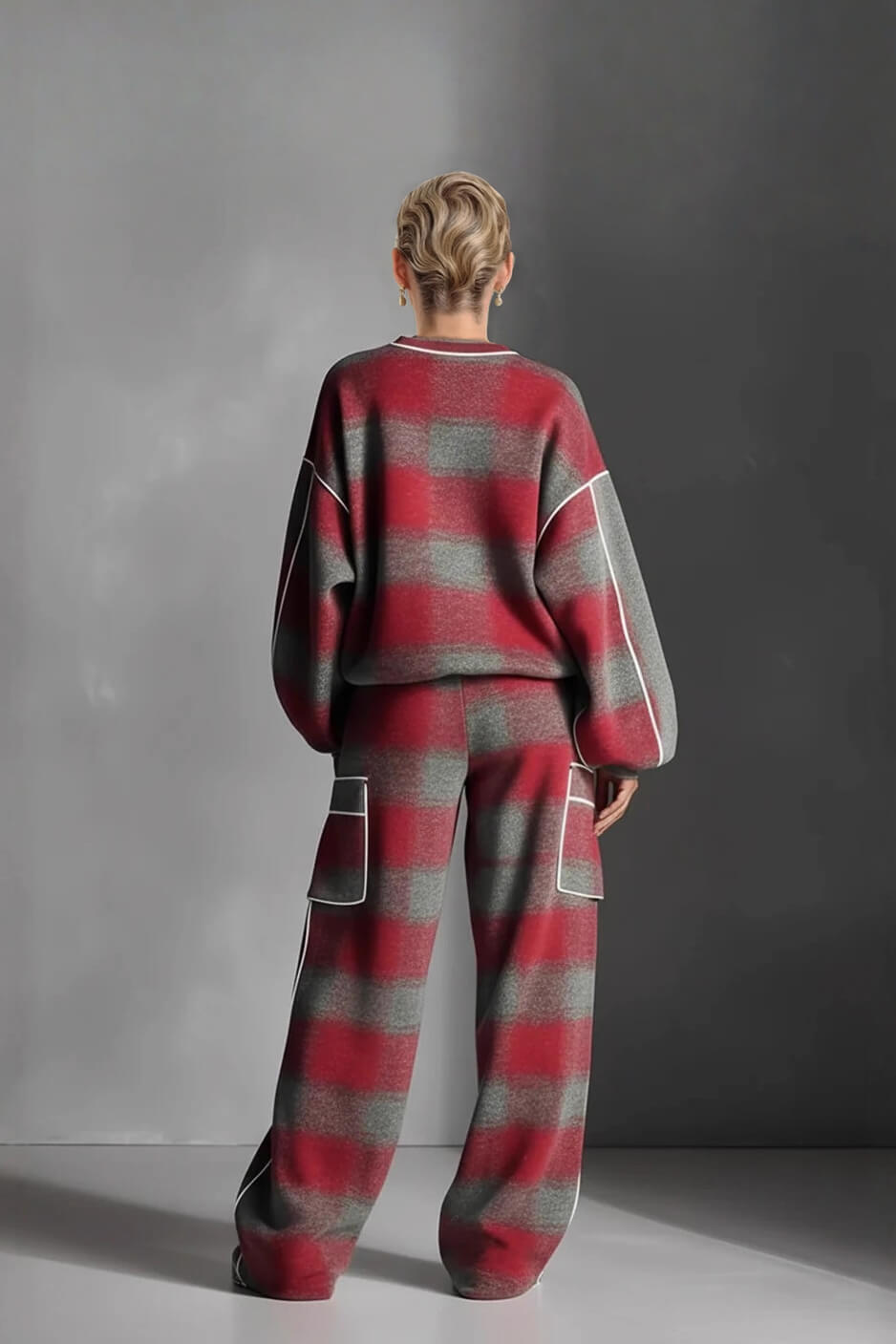 Fashion Street-Style Red And Gray Plaid Color-Block Wide-Leg Pants