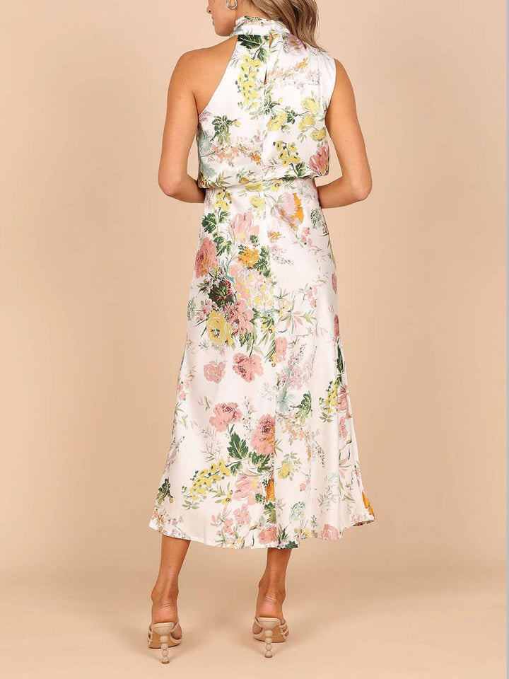 Robe longue florale à taille élastique et col licou