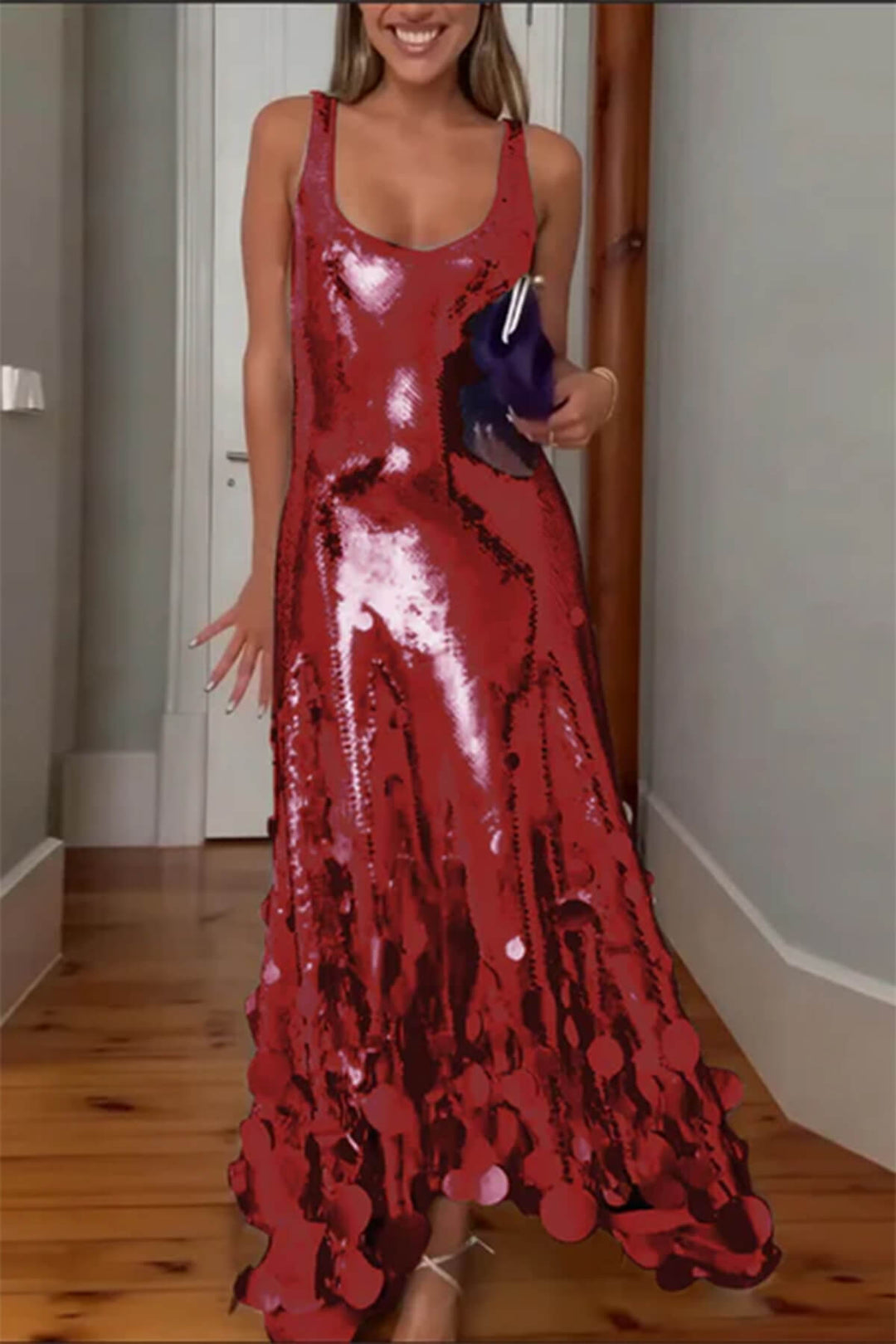 Exquisite Party Tips Sequin Irregular Round Tassels Hem Back Cutout Tank Maxi Dress