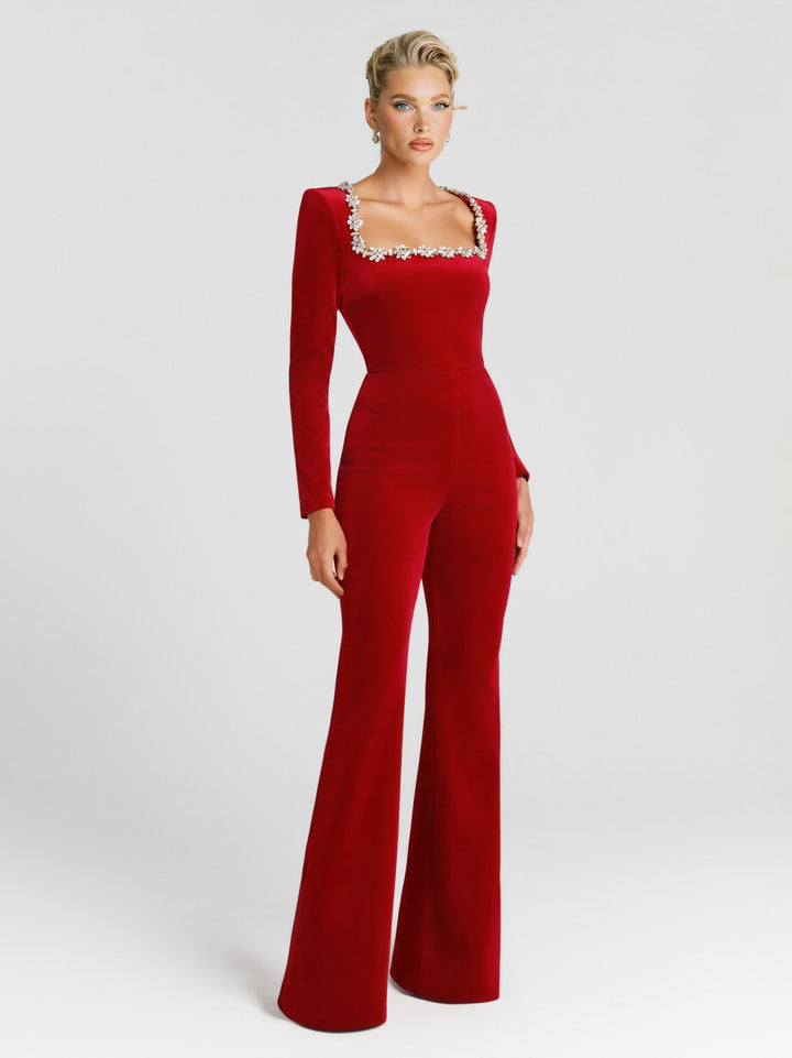Elegant Crystal-Embellished Red Flared Jumpsuit
