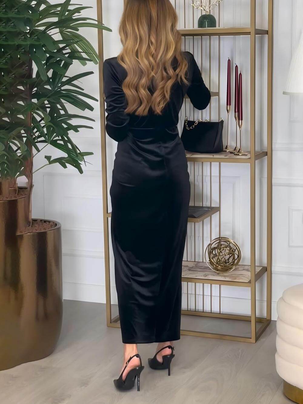 Classic Elegant Pleated Deep V Slit Party Maxi Dress