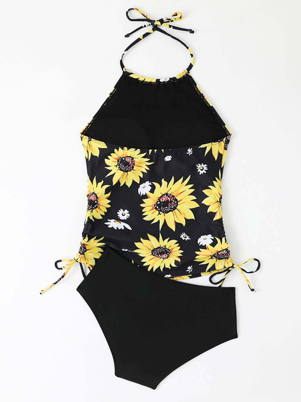 Conjunto de tankini com estampa de girassol e pescoço halter com cordão