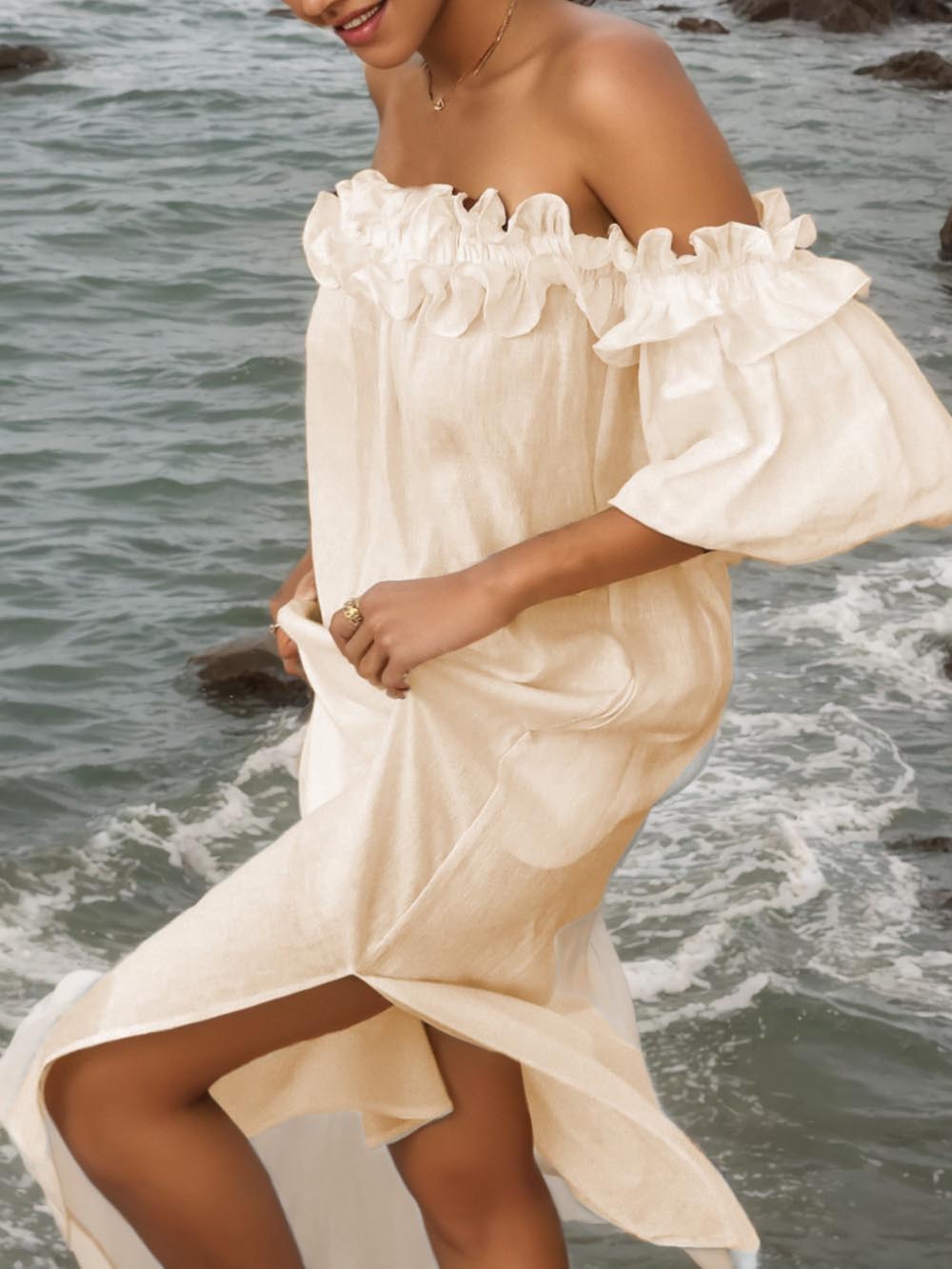 Μίντι φόρεμα Off Shoulder Ruffle Puff μανίκι με τσέπη