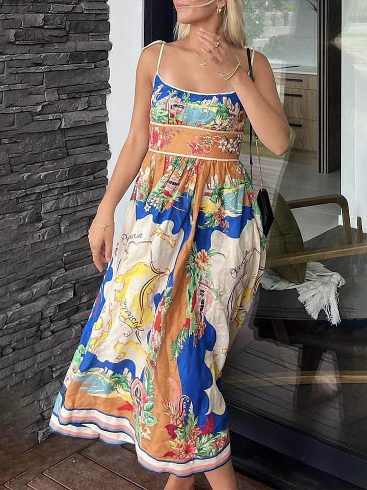 Vestido midi con bolsillos y tirantes con cordones y estampado único