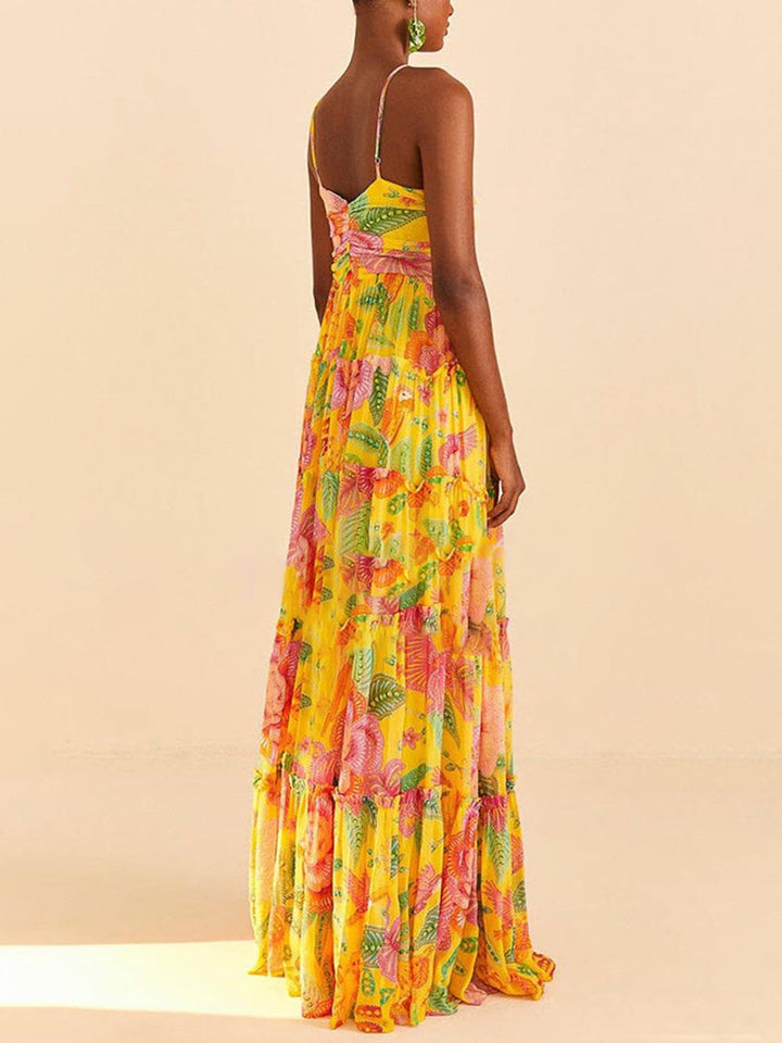 Hanging Neck Printed Floral Design Backless Straight Maxi Dress