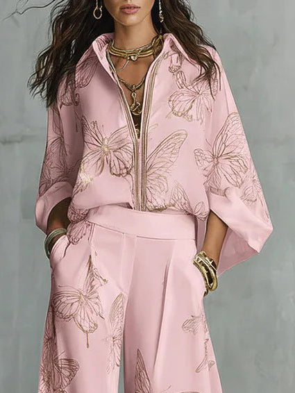 Elegant Butterfly Print Zip Shirt