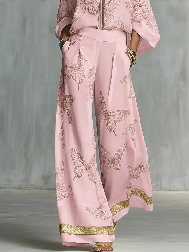Elegant Butterfly Print Zip-Up Top & Wide Leg Pants Set