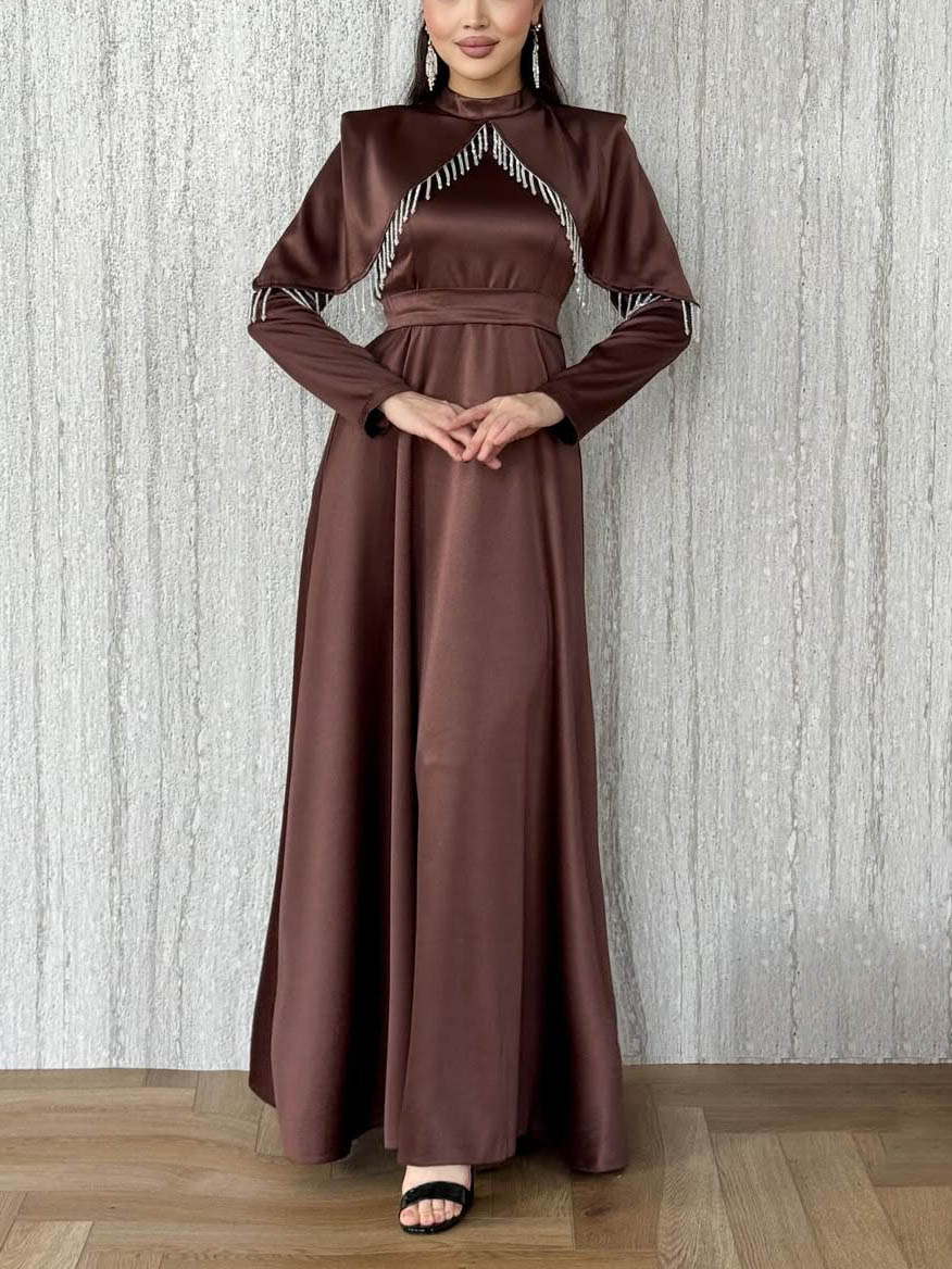Elegant Satin Cape-Detail Long-Sleeve Maxi Dress