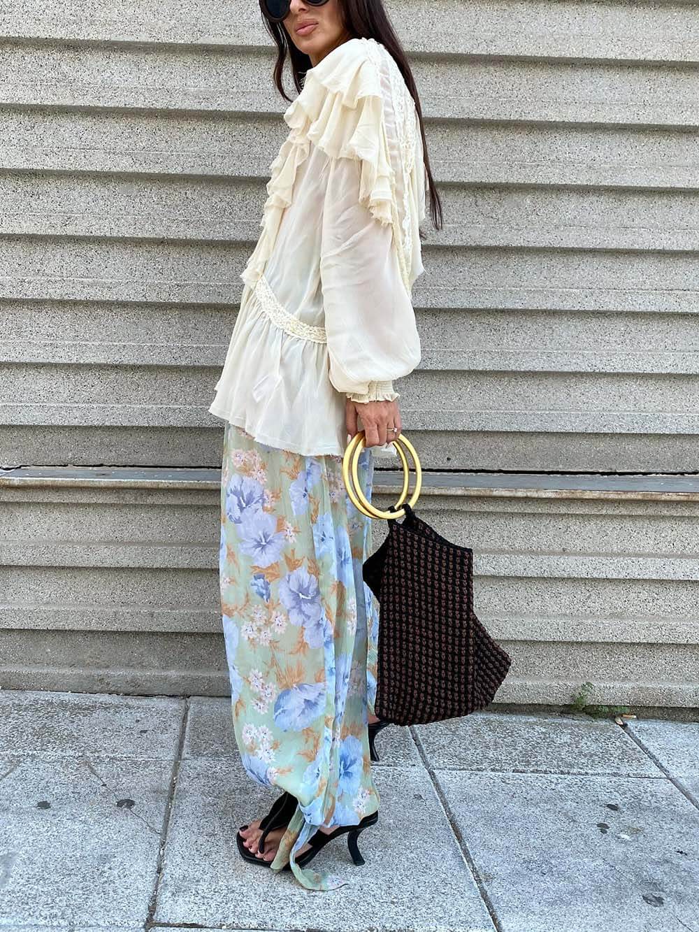 Boho Chiffon Floral Print Elastic Waist Tie-up Hem Balloon Pants