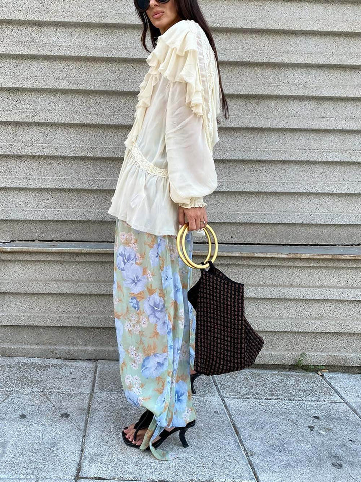 Boho Chiffon Floral Print Elastic Waist Tie-up Hem Balloon Pants