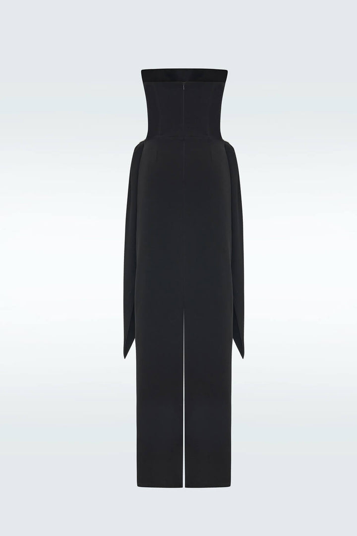 Elegant Black Strapless Ruched Metal Buckle Detail Maxi Dress