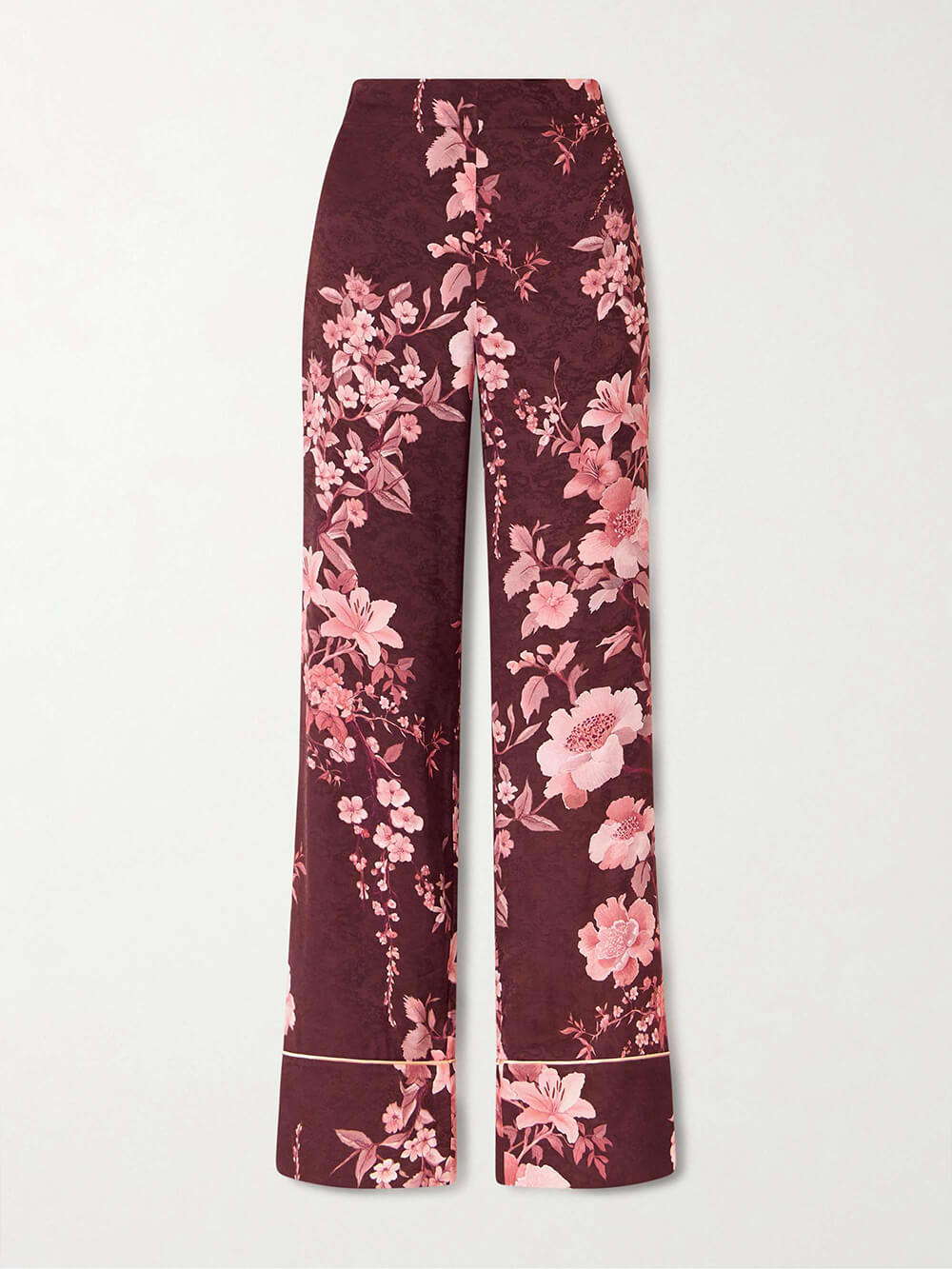 Exquisite Floral Print Satin Piped Straight-Leg Pants