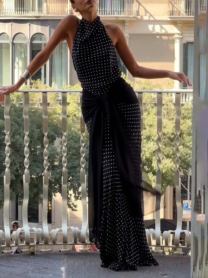 Elegant Halter Neck Polka Dot Maxi Dress