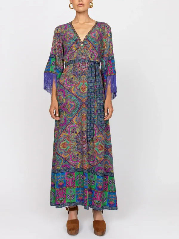 Retro Bohemian Print Fringed Maxi Dress